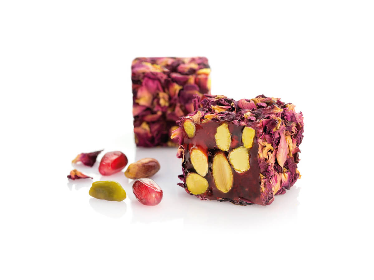 Pistachio & Pomegranate Flavor Coated Rose Petals || Mediterranean Specialty Foods Inc. | Special Turkish Delights, Extra Turkish Delights, Chocolate Delights, Cezerye, Seasoned Turkish Delights, Fruit Delights, Sujuk and Wrapped Turkish Delights and All Variety Turkish Delights