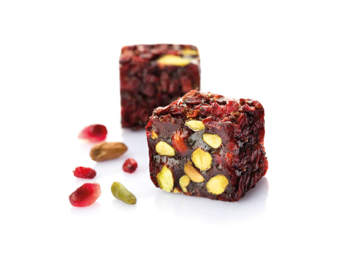 Pistachio & Pomegranate Flav. Coat.With Sour Raisin || Mediterranean Specialty Foods Inc. | Special Turkish Delights, Extra Turkish Delights, Chocolate Delights, Cezerye, Seasoned Turkish Delights, Fruit Delights, Sujuk and Wrapped Turkish Delights and All Variety Turkish Delights