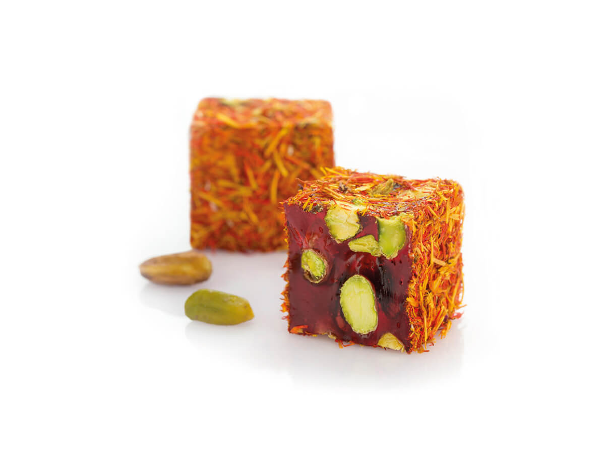 Pistachio & Pomegranade Flavor Coated With Safflower || Mediterranean Specialty Foods Inc. | Special Turkish Delights, Extra Turkish Delights, Chocolate Delights, Cezerye, Seasoned Turkish Delights, Fruit Delights, Sujuk and Wrapped Turkish Delights and All Variety Turkish Delights
