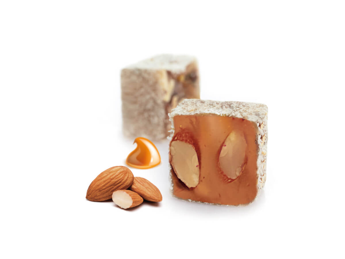 Almond & Caramel Flavor Coated With Coconut || Mediterranean Specialty Foods Inc. | Special Turkish Delights, Extra Turkish Delights, Chocolate Delights, Cezerye, Seasoned Turkish Delights, Fruit Delights, Sujuk and Wrapped Turkish Delights and All Variety Turkish Delights
