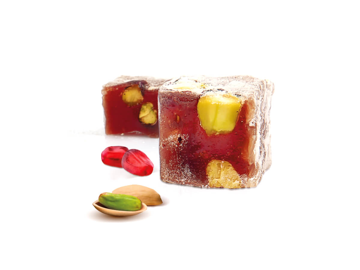 Pistachio & Pomegranate Flav. Coat. With Powder Sugar || Mediterranean Specialty Foods Inc. | Special Turkish Delights, Extra Turkish Delights, Chocolate Delights, Cezerye, Seasoned Turkish Delights, Fruit Delights, Sujuk and Wrapped Turkish Delights and All Variety Turkish Delights