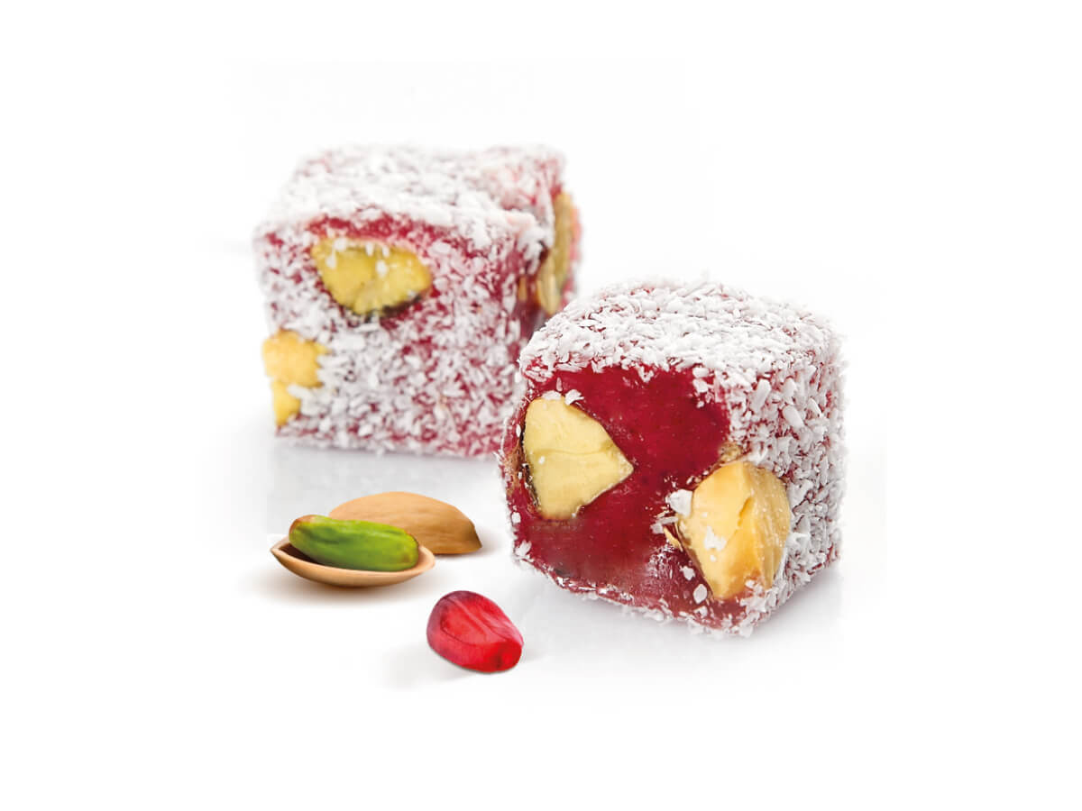 Pistachio & Pomegranate Flavor Coated With Coconut || Mediterranean Specialty Foods Inc. | Special Turkish Delights, Extra Turkish Delights, Chocolate Delights, Cezerye, Seasoned Turkish Delights, Fruit Delights, Sujuk and Wrapped Turkish Delights and All Variety Turkish Delights