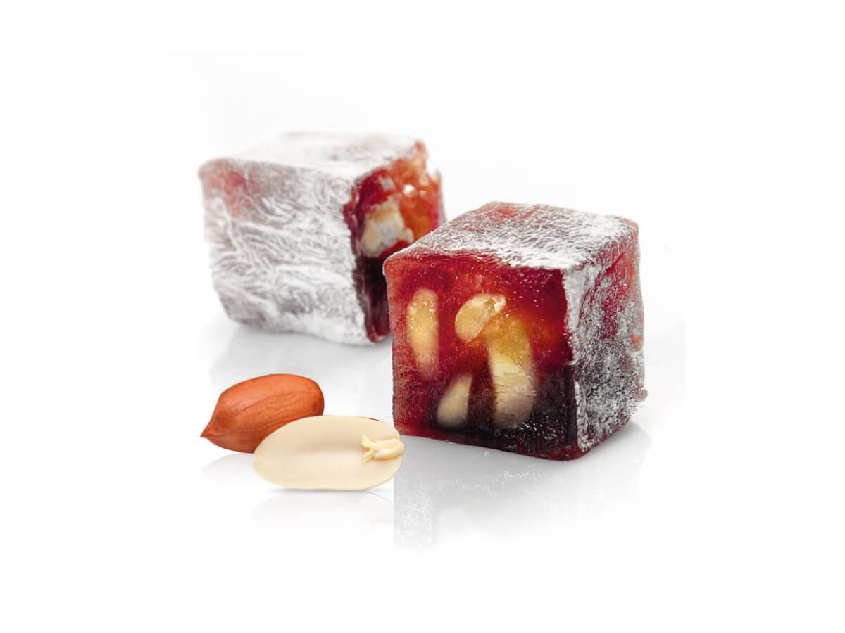 Peanut & Pomegranate Flavor Coat. With Pow. Sugar || Mediterranean Specialty Foods Inc. | Special Turkish Delights, Extra Turkish Delights, Chocolate Delights, Cezerye, Seasoned Turkish Delights, Fruit Delights, Sujuk and Wrapped Turkish Delights and All Variety Turkish Delights