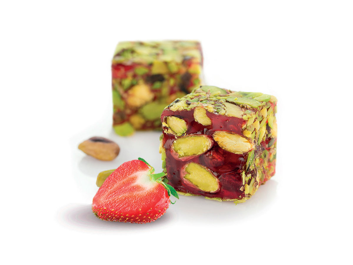 Pistachio & Strawberry Flavor Coated Sliced Pistachio || Mediterranean Specialty Foods Inc. | Special Turkish Delights, Extra Turkish Delights, Chocolate Delights, Cezerye, Seasoned Turkish Delights, Fruit Delights, Sujuk and Wrapped Turkish Delights and All Variety Turkish Delights