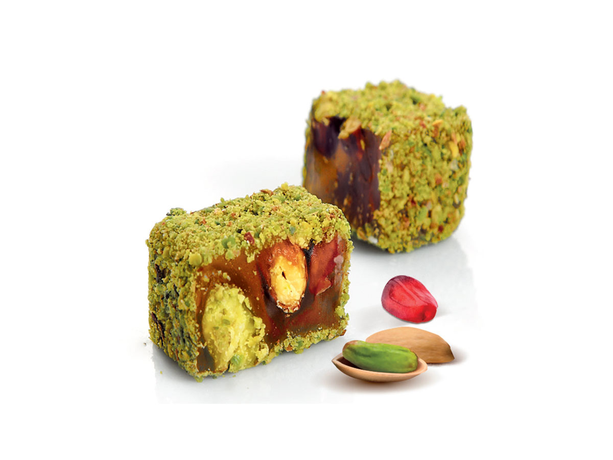 Pistachio & Pomegranate Flav. Coat. With Powder Pistachio || Mediterranean Specialty Foods Inc. | Special Turkish Delights, Extra Turkish Delights, Chocolate Delights, Cezerye, Seasoned Turkish Delights, Fruit Delights, Sujuk and Wrapped Turkish Delights and All Variety Turkish Delights