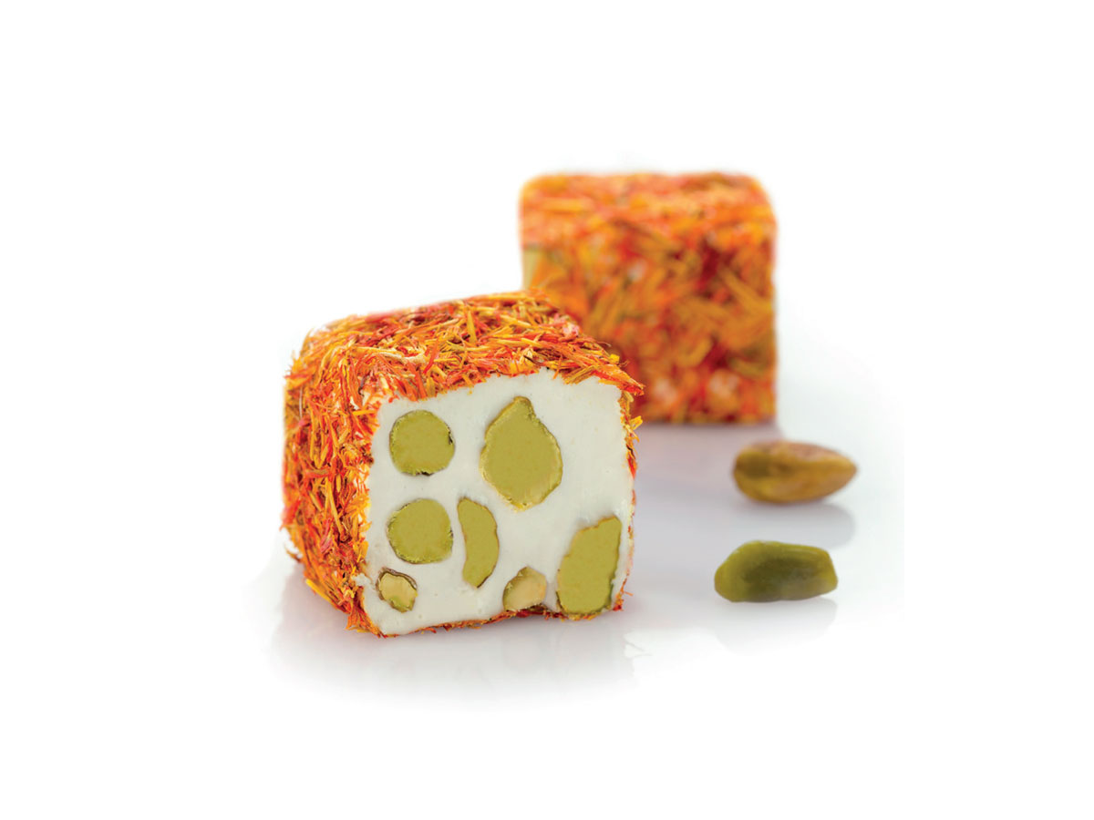 Sultan Delight & Pistachio Coated With Safflower || Mediterranean Specialty Foods Inc. | Special Turkish Delights, Extra Turkish Delights, Chocolate Delights, Cezerye, Seasoned Turkish Delights, Fruit Delights, Sujuk and Wrapped Turkish Delights and All Variety Turkish Delights