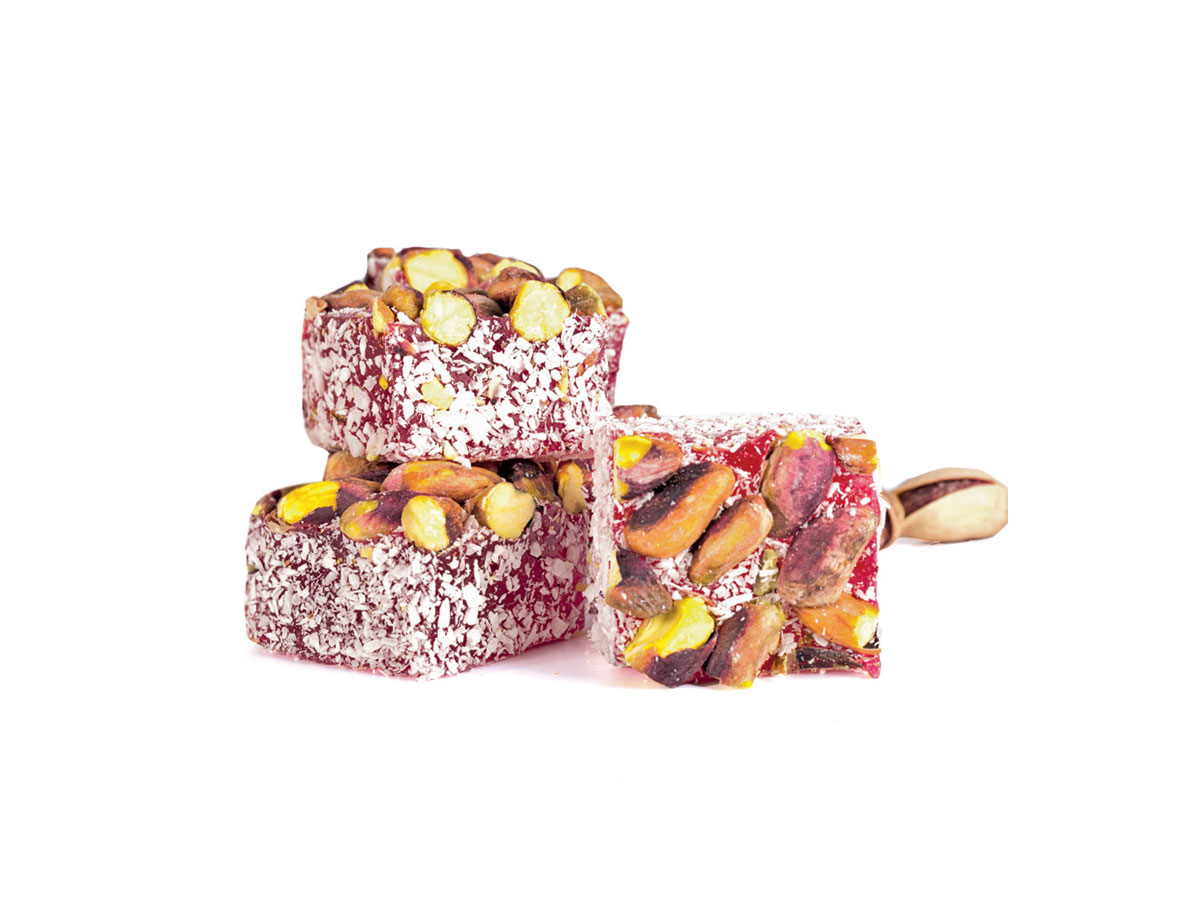 Pistachio & Pomegranate Flavor Coated With Coconut || Mediterranean Specialty Foods Inc. | Special Turkish Delights, Extra Turkish Delights, Chocolate Delights, Cezerye, Seasoned Turkish Delights, Fruit Delights, Sujuk and Wrapped Turkish Delights and All Variety Turkish Delights