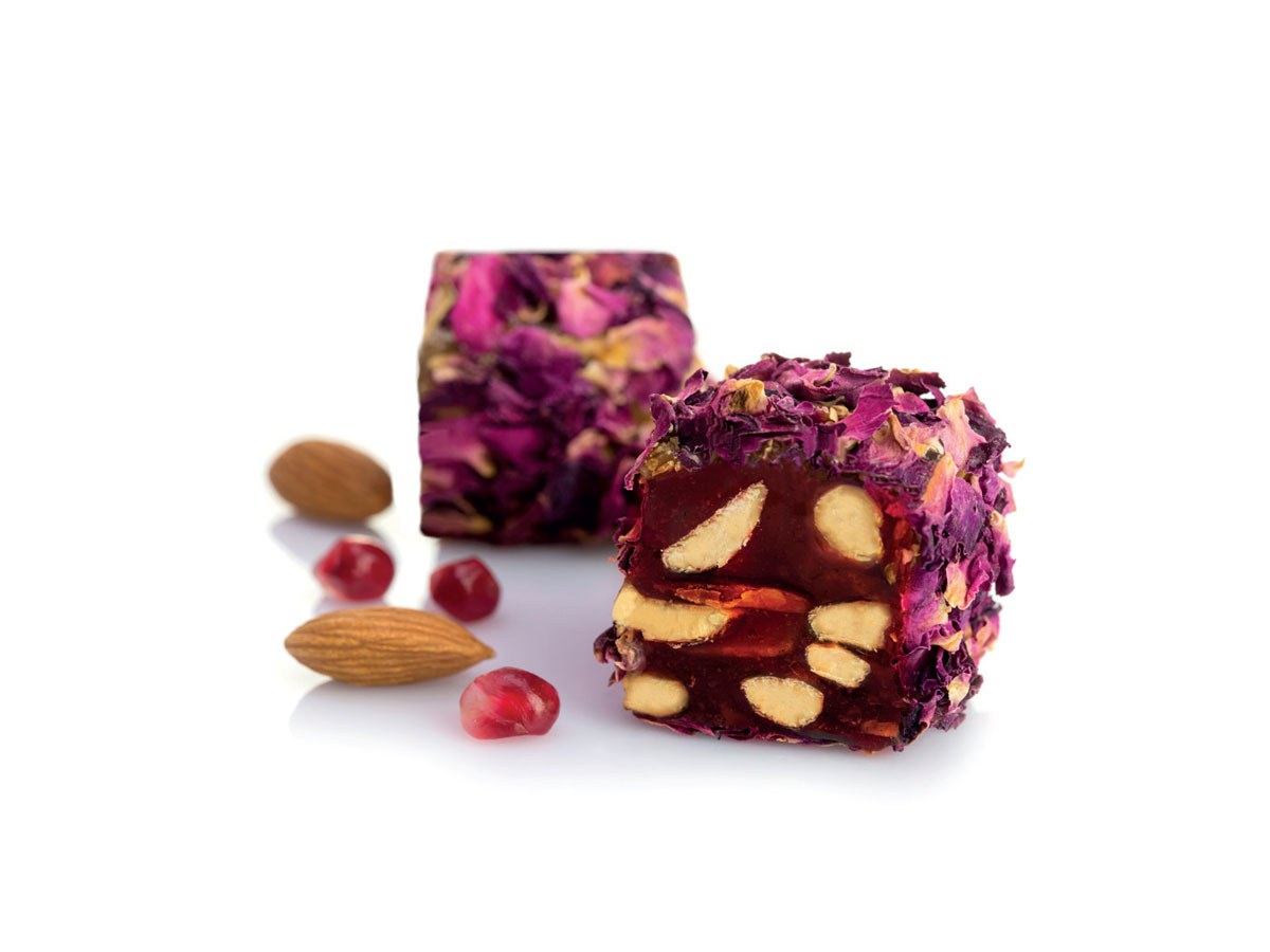 Almond & Pomegranate Flavor Coated With Rose Petals || Mediterranean Specialty Foods Inc. | Special Turkish Delights, Extra Turkish Delights, Chocolate Delights, Cezerye, Seasoned Turkish Delights, Fruit Delights, Sujuk and Wrapped Turkish Delights and All Variety Turkish Delights