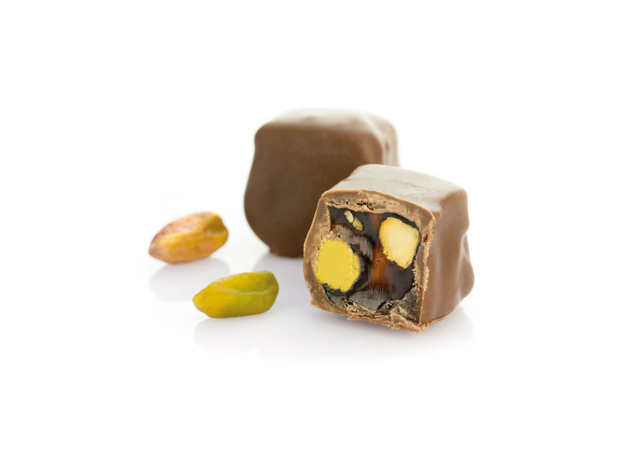 Pistachio Delight Coated with Chocolate || Mediterranean Specialty Foods Inc. | Special Turkish Delights, Extra Turkish Delights, Chocolate Delights, Cezerye, Seasoned Turkish Delights, Fruit Delights, Sujuk and Wrapped Turkish Delights and All Variety Turkish Delights