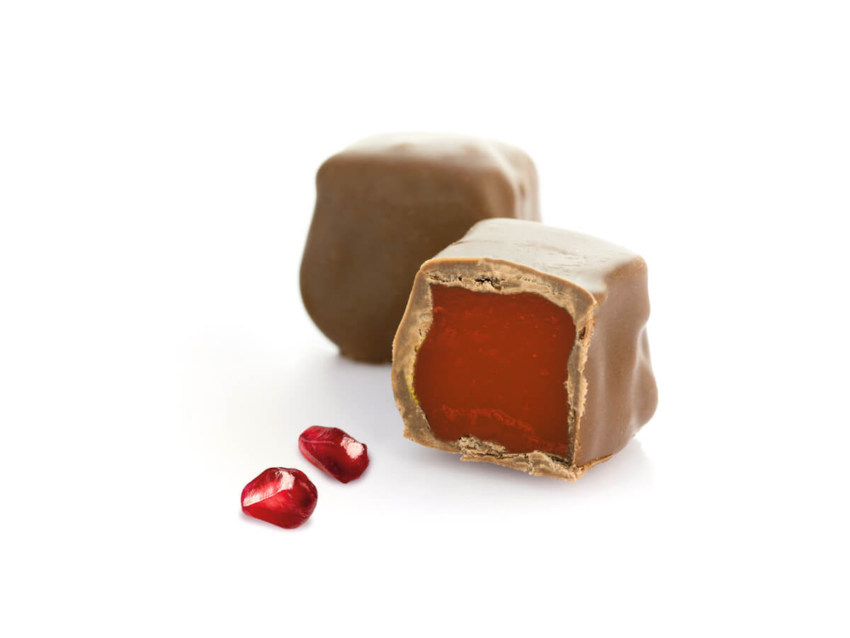 Pomegranate Flavored Delight Coated Chocolate || Mediterranean Specialty Foods Inc. | Special Turkish Delights, Extra Turkish Delights, Chocolate Delights, Cezerye, Seasoned Turkish Delights, Fruit Delights, Sujuk and Wrapped Turkish Delights and All Variety Turkish Delights