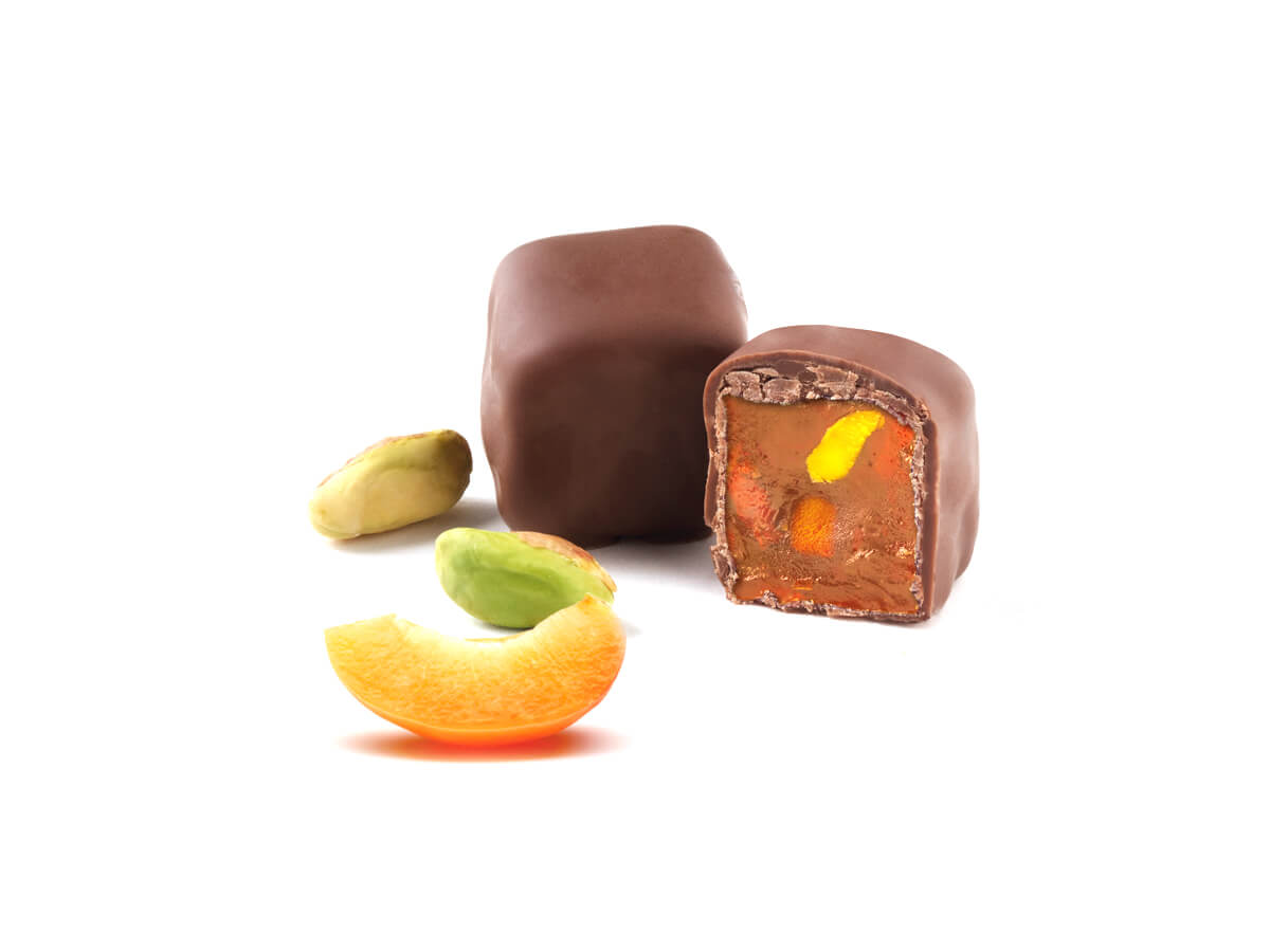 Apricot Flavor Delight Coated Chocolate || Mediterranean Specialty Foods Inc. | Special Turkish Delights, Extra Turkish Delights, Chocolate Delights, Cezerye, Seasoned Turkish Delights, Fruit Delights, Sujuk and Wrapped Turkish Delights and All Variety Turkish Delights