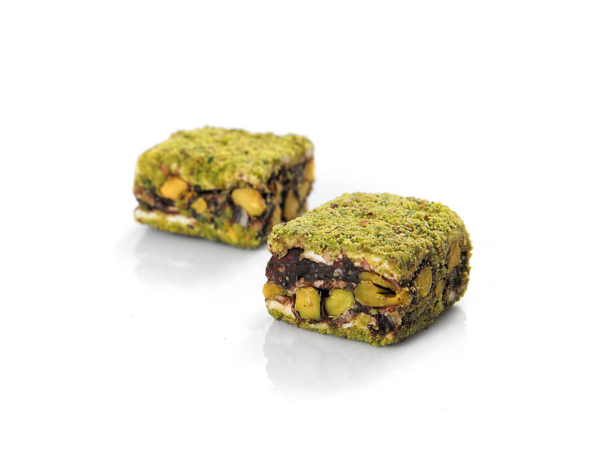 Baklava Delight With Pistachio & Chocolate Coated With Powder Pistachio || Mediterranean Specialty Foods Inc. | Special Turkish Delights, Extra Turkish Delights, Chocolate Delights, Cezerye, Seasoned Turkish Delights, Fruit Delights, Sujuk and Wrapped Turkish Delights and All Variety Turkish Delights