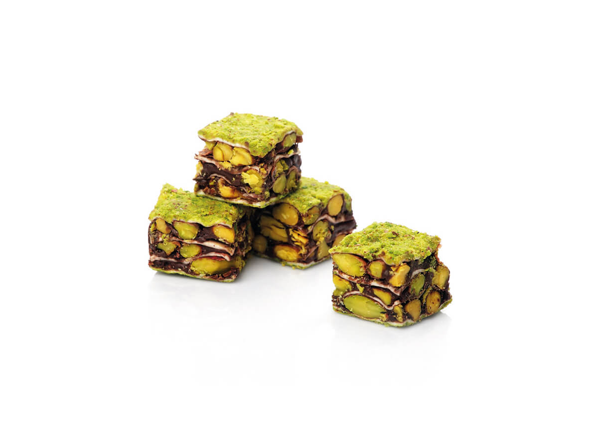 Gourmet Baklava Delight With Pistachio & Chocolate Coated With Powder Pistachio || Mediterranean Specialty Foods Inc. | Special Turkish Delights, Extra Turkish Delights, Chocolate Delights, Cezerye, Seasoned Turkish Delights, Fruit Delights, Sujuk and Wrapped Turkish Delights and All Variety Turkish Delights