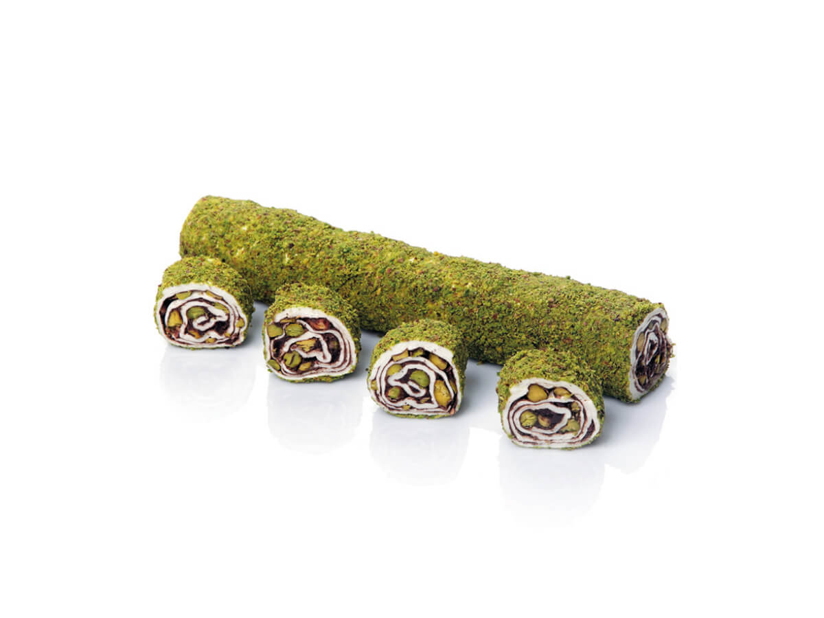 Gourmet Roll Delight With Pistachio & Chocolate Coated With Powder Pistachio || Mediterranean Specialty Foods Inc. | Special Turkish Delights, Extra Turkish Delights, Chocolate Delights, Cezerye, Seasoned Turkish Delights, Fruit Delights, Sujuk and Wrapped Turkish Delights and All Variety Turkish Delights
