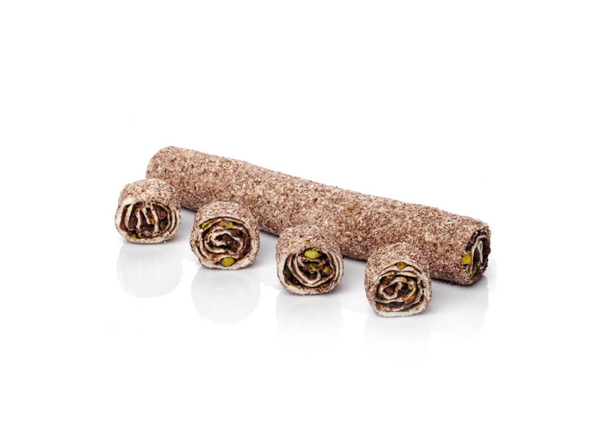 Gourmet Roll Delight With Pistachio & Chocolate Coated With Powder Cocoa - Coconut || Mediterranean Specialty Foods Inc. | Special Turkish Delights, Extra Turkish Delights, Chocolate Delights, Cezerye, Seasoned Turkish Delights, Fruit Delights, Sujuk and Wrapped Turkish Delights and All Variety Turkish Delights