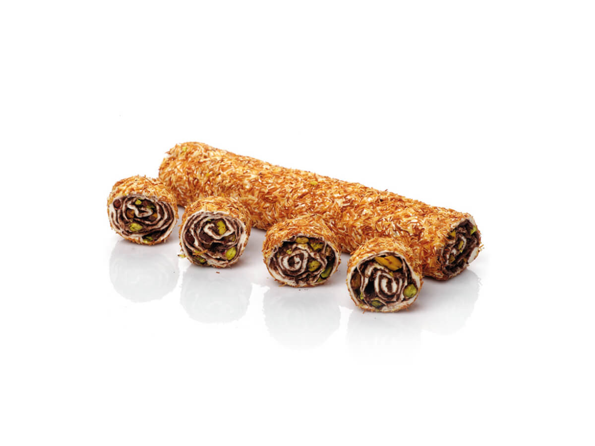 Gourmet Roll Delight With Pistachio & Chocolate Coated With Kadaifi || Mediterranean Specialty Foods Inc. | Special Turkish Delights, Extra Turkish Delights, Chocolate Delights, Cezerye, Seasoned Turkish Delights, Fruit Delights, Sujuk and Wrapped Turkish Delights and All Variety Turkish Delights