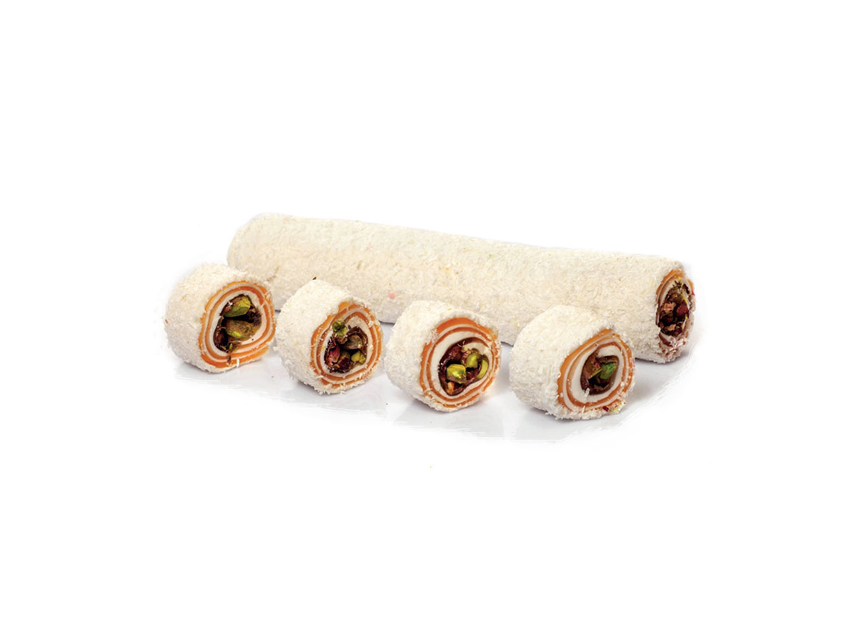 Gourmet Roll Delight With Pistachio & Pomegranate Flavor Coated With Coconut || Mediterranean Specialty Foods Inc. | Special Turkish Delights, Extra Turkish Delights, Chocolate Delights, Cezerye, Seasoned Turkish Delights, Fruit Delights, Sujuk and Wrapped Turkish Delights and All Variety Turkish Delights