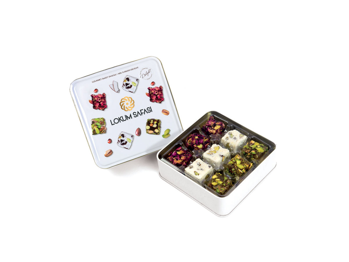Mix Nuts Delight - Tin Box - Three Kinds || Mediterranean Specialty Foods Inc. | Special Turkish Delights, Extra Turkish Delights, Chocolate Delights, Cezerye, Seasoned Turkish Delights, Fruit Delights, Sujuk and Wrapped Turkish Delights and All Variety Turkish Delights