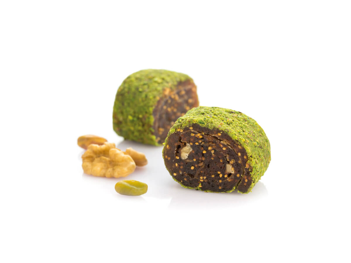 Fig & Walnut Roll Coated With Powder Pistachio || Mediterranean Specialty Foods Inc. | Special Turkish Delights, Extra Turkish Delights, Chocolate Delights, Cezerye, Seasoned Turkish Delights, Fruit Delights, Sujuk and Wrapped Turkish Delights and All Variety Turkish Delights