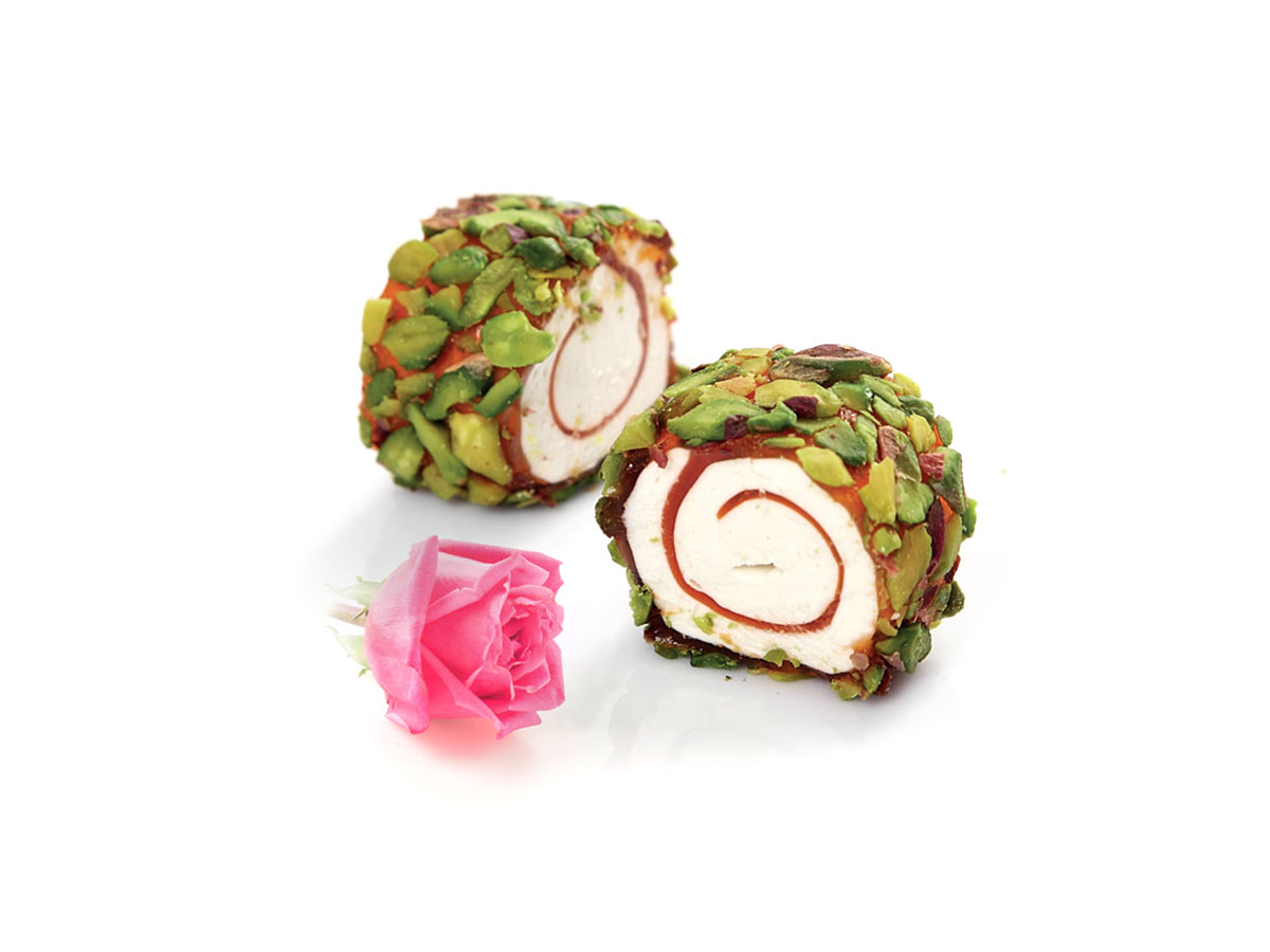 Hazelnut & Rose Flav. Coated with Sliced Pistachio || Mediterranean Specialty Foods Inc. | Special Turkish Delights, Extra Turkish Delights, Chocolate Delights, Cezerye, Seasoned Turkish Delights, Fruit Delights, Sujuk and Wrapped Turkish Delights and All Variety Turkish Delights