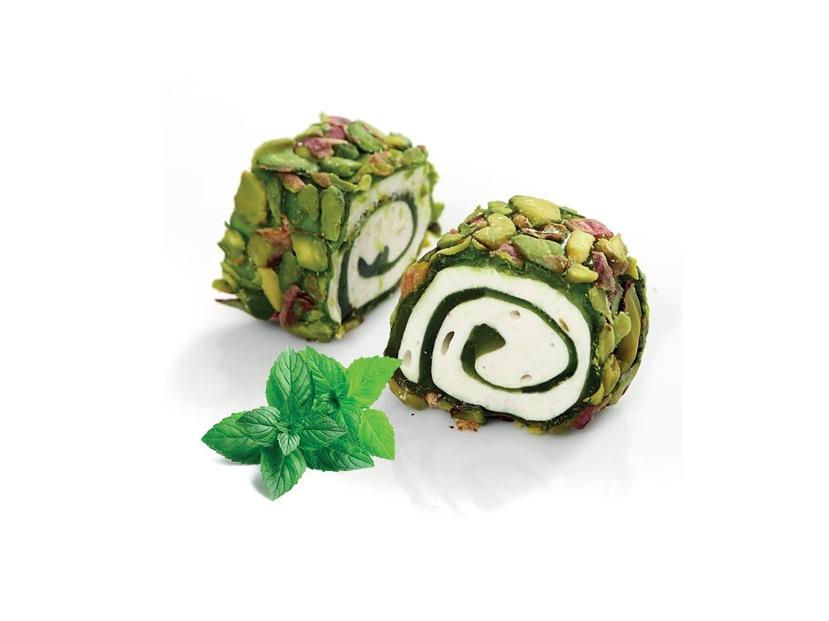 Mint Flavor Coated With Sliced Pistachio || Mediterranean Specialty Foods Inc. | Special Turkish Delights, Extra Turkish Delights, Chocolate Delights, Cezerye, Seasoned Turkish Delights, Fruit Delights, Sujuk and Wrapped Turkish Delights and All Variety Turkish Delights