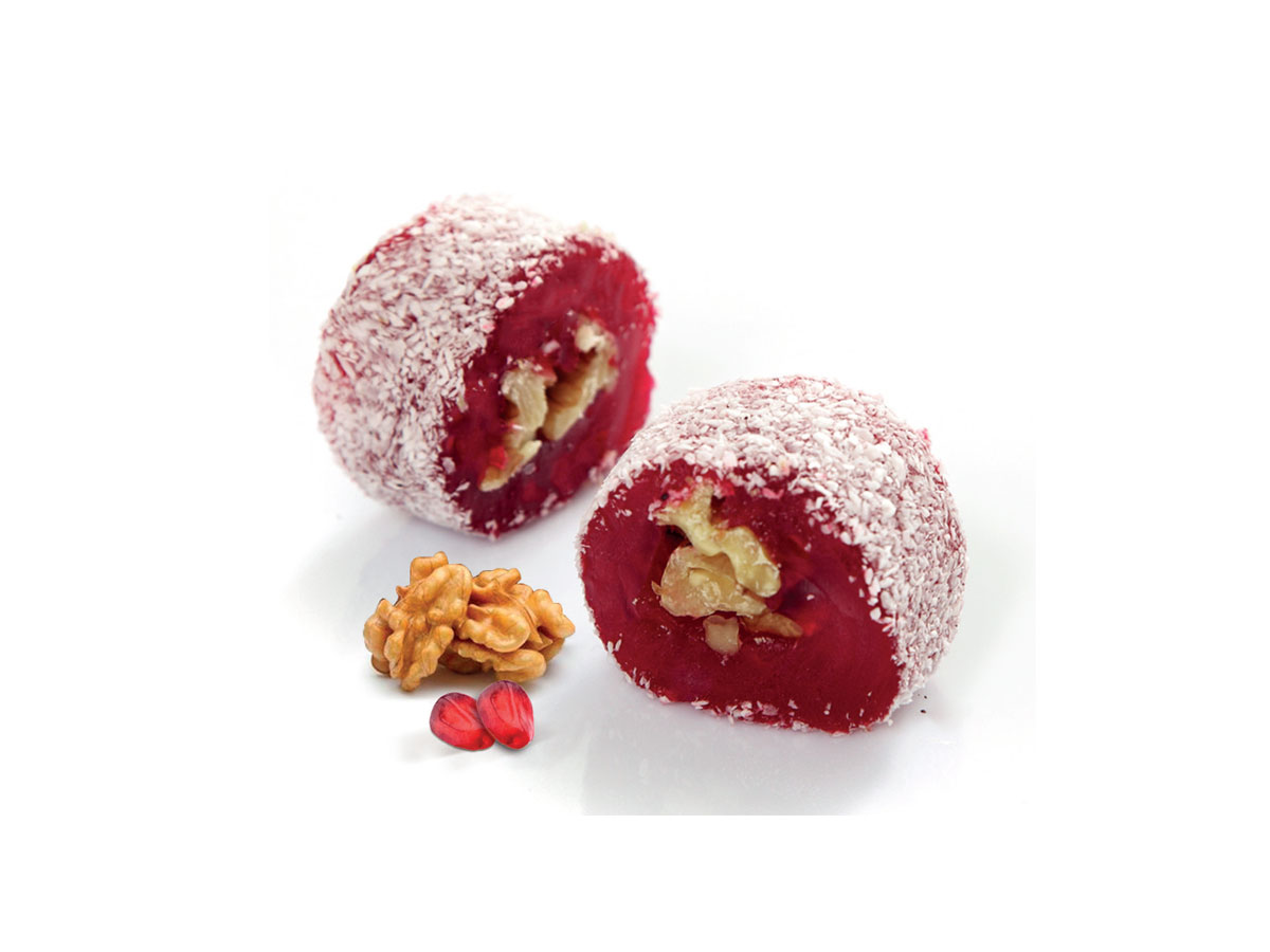 Walnut Delight & Pomegranate Flavor Coated With Coconut || Mediterranean Specialty Foods Inc. | Special Turkish Delights, Extra Turkish Delights, Chocolate Delights, Cezerye, Seasoned Turkish Delights, Fruit Delights, Sujuk and Wrapped Turkish Delights and All Variety Turkish Delights