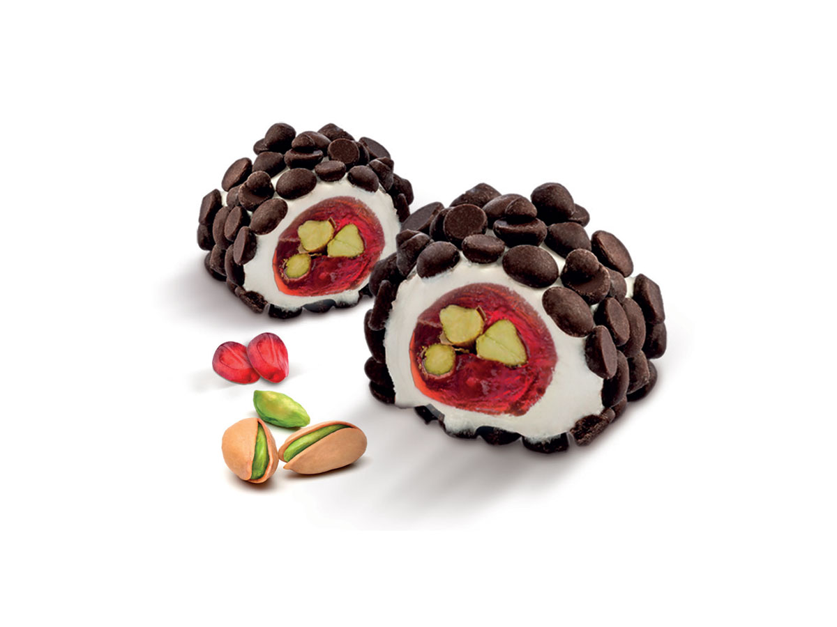 Sultan Delight & Pistachio - Pomegranate Flavor Coated With Chocolate Chips || Mediterranean Specialty Foods Inc. | Special Turkish Delights, Extra Turkish Delights, Chocolate Delights, Cezerye, Seasoned Turkish Delights, Fruit Delights, Sujuk and Wrapped Turkish Delights and All Variety Turkish Delights
