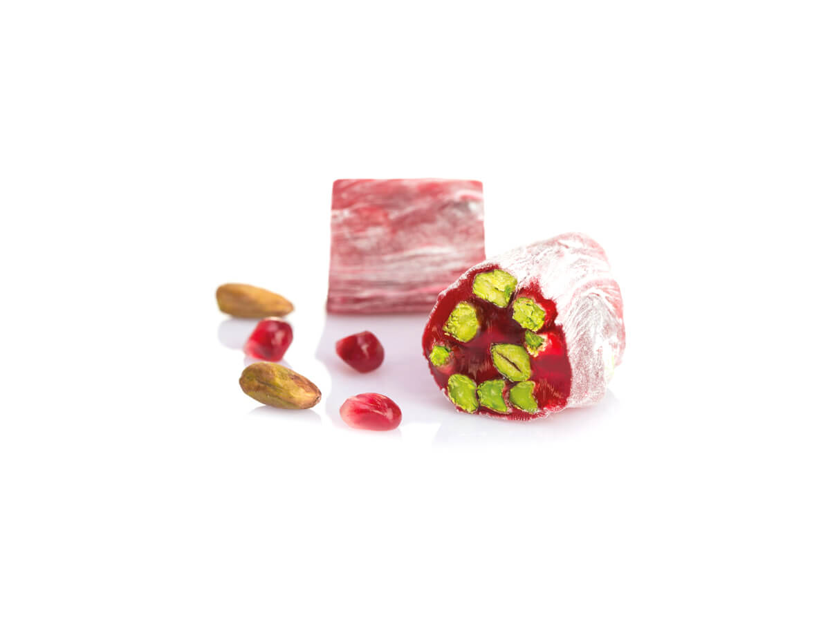 Stick Delight With Pistachio & Pomegranate Flavor || Mediterranean Specialty Foods Inc. | Special Turkish Delights, Extra Turkish Delights, Chocolate Delights, Cezerye, Seasoned Turkish Delights, Fruit Delights, Sujuk and Wrapped Turkish Delights and All Variety Turkish Delights