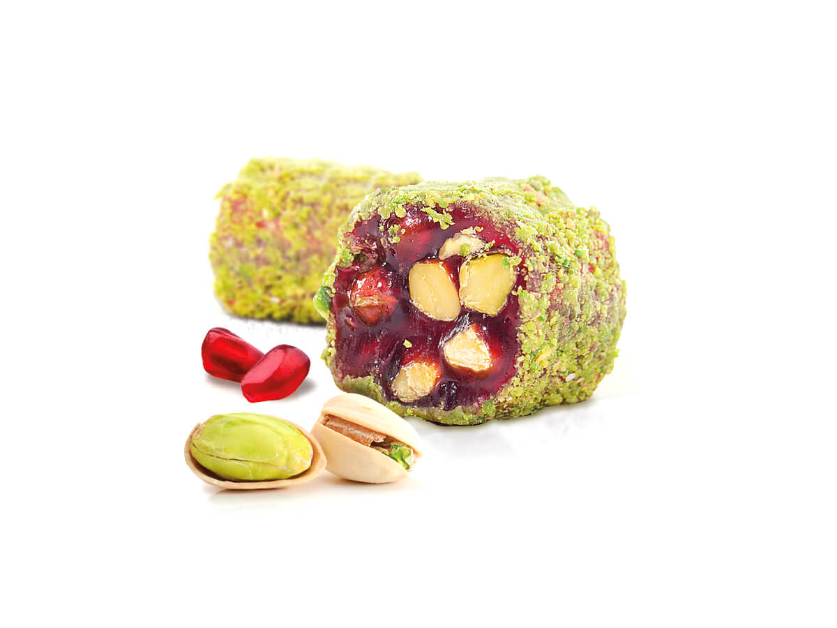 Stick Delight With Pistachio & Pomegranate Flavor Coated With Powder Pistachio || Mediterranean Specialty Foods Inc. | Special Turkish Delights, Extra Turkish Delights, Chocolate Delights, Cezerye, Seasoned Turkish Delights, Fruit Delights, Sujuk and Wrapped Turkish Delights and All Variety Turkish Delights
