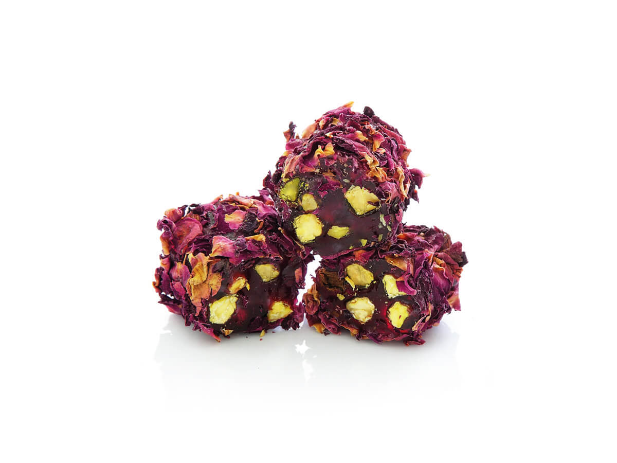 Stick Delight With Pistachio & Pomegranate Flavor Coated With Rose Petals || Mediterranean Specialty Foods Inc. | Special Turkish Delights, Extra Turkish Delights, Chocolate Delights, Cezerye, Seasoned Turkish Delights, Fruit Delights, Sujuk and Wrapped Turkish Delights and All Variety Turkish Delights