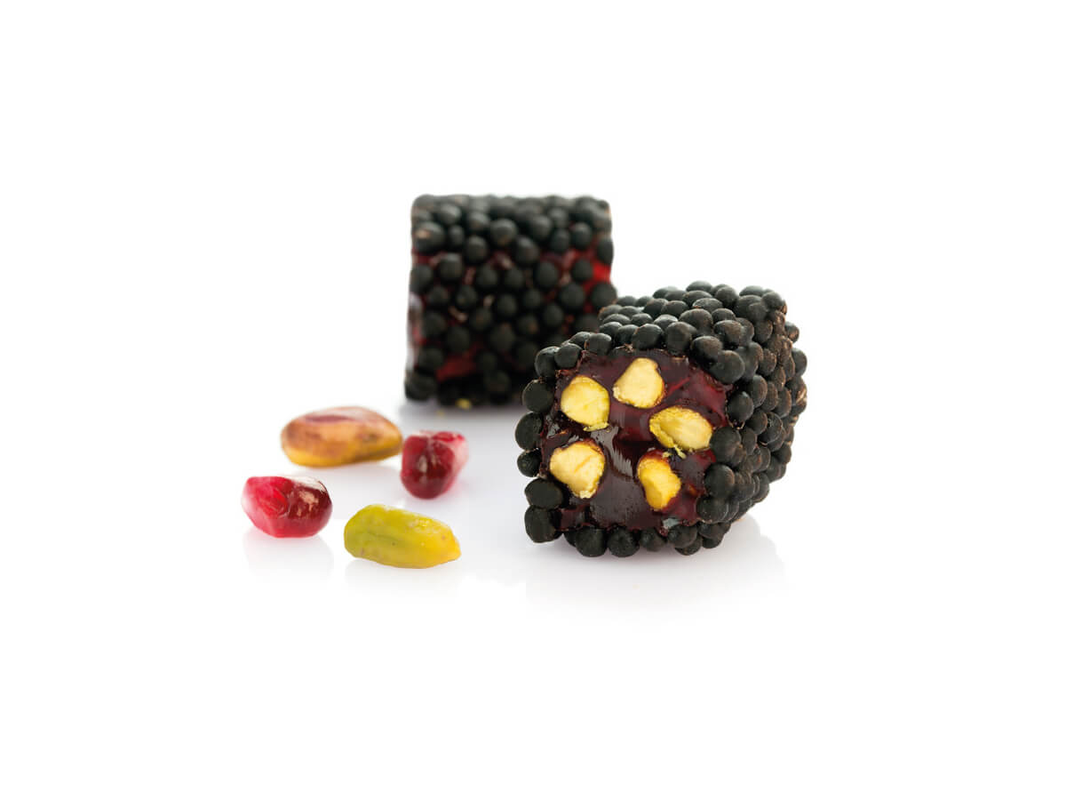 Stick Delight With Pistachio & Pomegranate Flavor Coated With Dark Chocolate || Mediterranean Specialty Foods Inc. | Special Turkish Delights, Extra Turkish Delights, Chocolate Delights, Cezerye, Seasoned Turkish Delights, Fruit Delights, Sujuk and Wrapped Turkish Delights and All Variety Turkish Delights