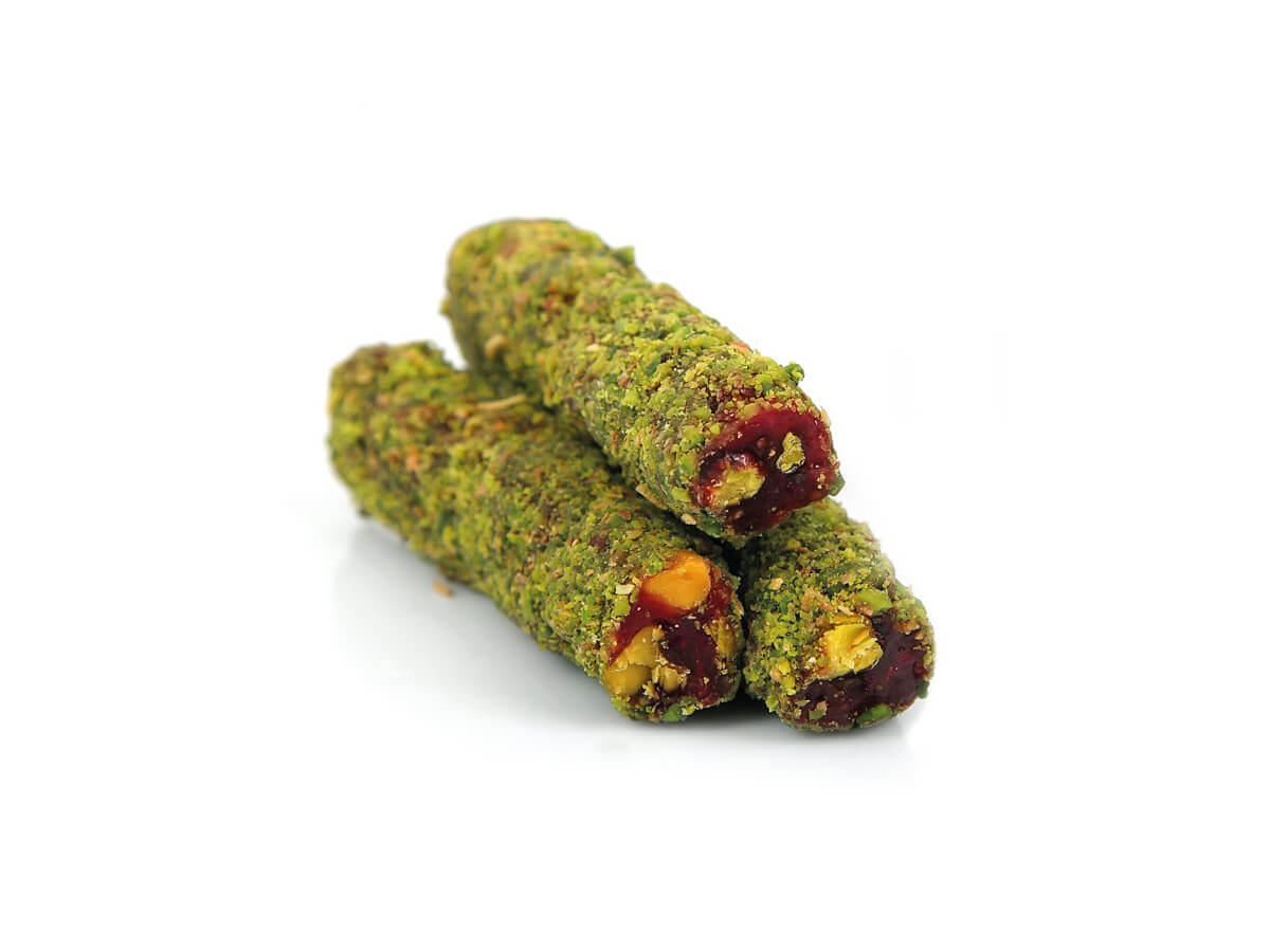 Finger Delight With Pistachio & Pomegranate Flavor Coated With Powder Pistachio || Mediterranean Specialty Foods Inc. | Special Turkish Delights, Extra Turkish Delights, Chocolate Delights, Cezerye, Seasoned Turkish Delights, Fruit Delights, Sujuk and Wrapped Turkish Delights and All Variety Turkish Delights