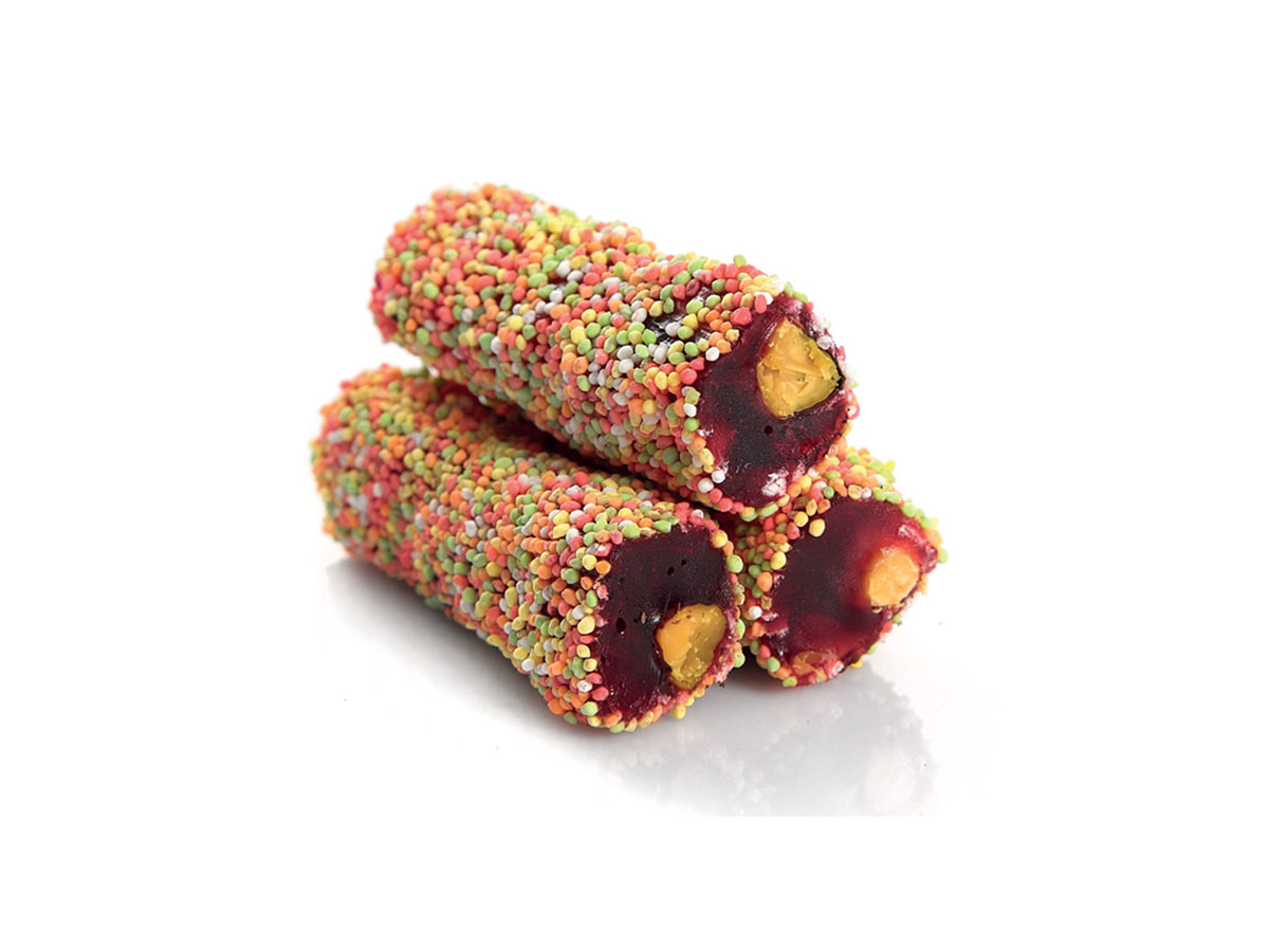 Stick Delight With Pistachio & Pomegranate Flavour Coated With Kaskas Sugar || Mediterranean Specialty Foods Inc. | Special Turkish Delights, Extra Turkish Delights, Chocolate Delights, Cezerye, Seasoned Turkish Delights, Fruit Delights, Sujuk and Wrapped Turkish Delights and All Variety Turkish Delights
